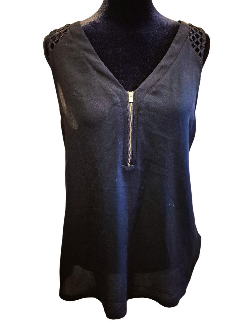 Express Black V-Neck Sleeveless Zip-Front Camisole with Crocheted Shoulders